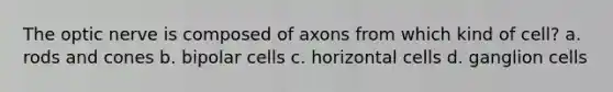 The optic nerve is composed of axons from which kind of cell?​ a. ​rods and cones b. ​bipolar cells c. ​horizontal cells d. ​ganglion cells