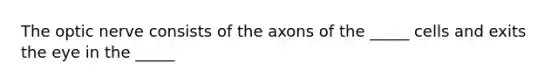 The optic nerve consists of the axons of the _____ cells and exits the eye in the _____