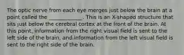 The optic nerve from each eye merges just below the brain at a point called the _____________. This is an X-shaped structure that sits just below the cerebral cortex at the front of the brain. At this point, information from the right visual field is sent to the left side of the brain, and information from the left visual field is sent to the right side of the brain.