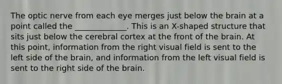 The optic nerve from each eye merges just below the brain at a point called the _____________. This is an X-shaped structure that sits just below the cerebral cortex at the front of the brain. At this point, information from the right visual field is sent to the left side of the brain, and information from the left visual field is sent to the right side of the brain.