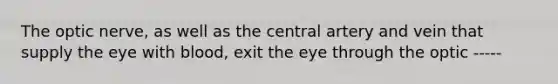 The optic nerve, as well as the central artery and vein that supply the eye with blood, exit the eye through the optic -----