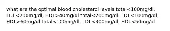 what are the optimal blood cholesterol levels total 40mg/dl total 60mg/dl total<100mg/dl, LDL<300mg/dl, HDL<50mg/dl