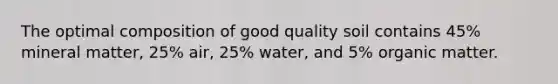 The optimal composition of good quality soil contains 45% mineral matter, 25% air, 25% water, and 5% organic matter.