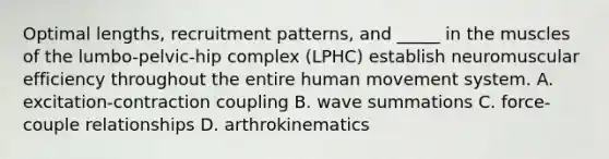 Optimal lengths, recruitment patterns, and _____ in the muscles of the lumbo-pelvic-hip complex (LPHC) establish neuromuscular efficiency throughout the entire human movement system. A. excitation-contraction coupling B. wave summations C. force-couple relationships D. arthrokinematics