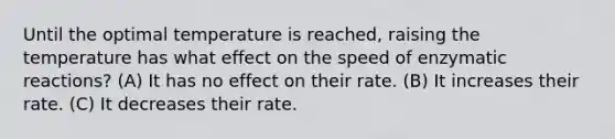 Until the optimal temperature is reached, raising the temperature has what effect on the speed of enzymatic reactions? (A) It has no effect on their rate. (B) It increases their rate. (C) It decreases their rate.