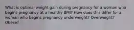 What is optimal weight gain during pregnancy for a woman who begins pregnancy at a healthy BMI? How does this differ for a woman who begins pregnancy underweight? Overweight? Obese?