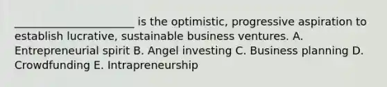 ​______________________ is the​ optimistic, progressive aspiration to establish​ lucrative, sustainable business ventures. A. Entrepreneurial spirit B. Angel investing C. Business planning D. Crowdfunding E. Intrapreneurship