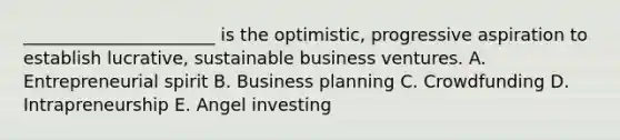 ​______________________ is the​ optimistic, progressive aspiration to establish​ lucrative, sustainable business ventures. A. Entrepreneurial spirit B. Business planning C. Crowdfunding D. Intrapreneurship E. Angel investing