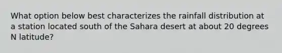 What option below best characterizes the rainfall distribution at a station located south of the Sahara desert at about 20 degrees N latitude?