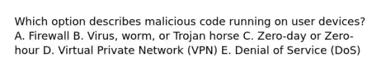 Which option describes malicious code running on user devices? A. Firewall B. Virus, worm, or Trojan horse C. Zero-day or Zero-hour D. Virtual Private Network (VPN) E. Denial of Service (DoS)