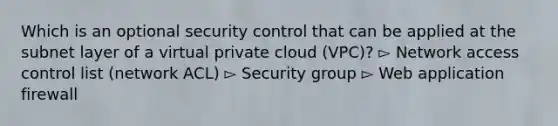 Which is an optional security control that can be applied at the subnet layer of a virtual private cloud (VPC)? ▻ Network access control list (network ACL) ▻ Security group ▻ Web application firewall