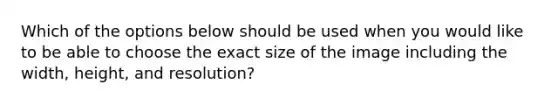 Which of the options below should be used when you would like to be able to choose the exact size of the image including the width, height, and resolution?