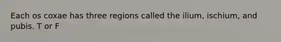 Each os coxae has three regions called the ilium, ischium, and pubis. T or F