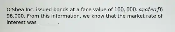 O'Shea Inc. issued bonds at a face value of 100,000, a rate of 6%, and a 5-year term for98,000. From this information, we know that the market rate of interest was ________.