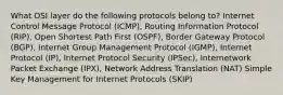 What OSI layer do the following protocols belong to? Internet Control Message Protocol (ICMP), Routing Information Protocol (RIP), Open Shortest Path First (OSPF), Border Gateway Protocol (BGP), Internet Group Management Protocol (IGMP), Internet Protocol (IP), Internet Protocol Security (IPSec), Internetwork Packet Exchange (IPX), Network Address Translation (NAT) Simple Key Management for Internet Protocols (SKIP)