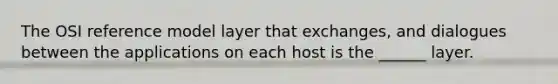 The OSI reference model layer that exchanges, and dialogues between the applications on each host is the ______ layer.