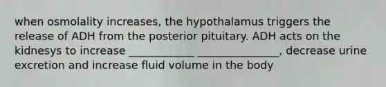 when osmolality increases, the hypothalamus triggers the release of ADH from the posterior pituitary. ADH acts on the kidnesys to increase ____________ _______________, decrease urine excretion and increase fluid volume in the body