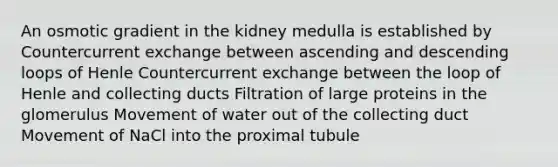 An osmotic gradient in the kidney medulla is established by Countercurrent exchange between ascending and descending loops of Henle Countercurrent exchange between the loop of Henle and collecting ducts Filtration of large proteins in the glomerulus Movement of water out of the collecting duct Movement of NaCl into the proximal tubule