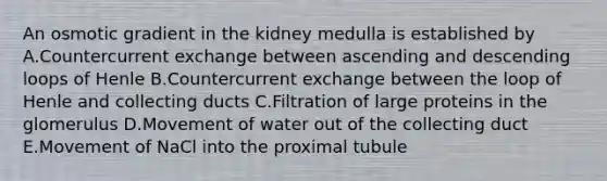 An osmotic gradient in the kidney medulla is established by A.Countercurrent exchange between ascending and descending loops of Henle B.Countercurrent exchange between the loop of Henle and collecting ducts C.Filtration of large proteins in the glomerulus D.Movement of water out of the collecting duct E.Movement of NaCl into the proximal tubule