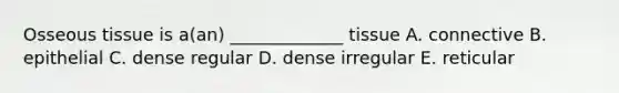 Osseous tissue is a(an) _____________ tissue A. connective B. epithelial C. dense regular D. dense irregular E. reticular