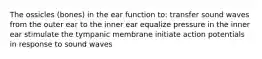 The ossicles (bones) in the ear function to: transfer sound waves from the outer ear to the inner ear equalize pressure in the inner ear stimulate the tympanic membrane initiate action potentials in response to sound waves