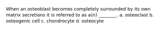 When an osteoblast becomes completely surrounded by its own matrix secretions it is referred to as a(n) ________. a. osteoclast b. osteogenic cell c. chondrocyte d. osteocyte