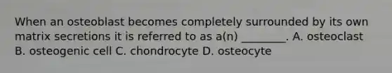 When an osteoblast becomes completely surrounded by its own matrix secretions it is referred to as a(n) ________. A. osteoclast B. osteogenic cell C. chondrocyte D. osteocyte