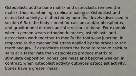 Osteoblasts add to bone matrix and osteoclasts remove the matrix, thus maintaining a delicate balance. Osteoblast and osteoclast activity are affected by hormonal levels (discussed in section 6.5a), the body's need for calcium and/or phosphorus, and gravitational or mechanical stressors to bone. For example, when a person wears orthodontic braces, osteoblasts and osteoclasts work together to modify the tooth-jaw junction, in response to the mechanical stress applied by the braces to the teeth and jaw. If osteoclasts resorb the bone to remove calcium salts at a faster rate than osteoblasts produce matrix to stimulate deposition, bones lose mass and become weaker; in contrast, when osteoblast activity outpaces osteoclast activity, bones have a greater mass.