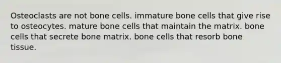 Osteoclasts are not bone cells. immature bone cells that give rise to osteocytes. mature bone cells that maintain the matrix. bone cells that secrete bone matrix. bone cells that resorb bone tissue.