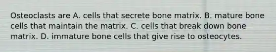 Osteoclasts are A. cells that secrete bone matrix. B. mature bone cells that maintain the matrix. C. cells that break down bone matrix. D. immature bone cells that give rise to osteocytes.