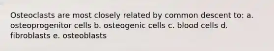 Osteoclasts are most closely related by common descent to: a. osteoprogenitor cells b. osteogenic cells c. blood cells d. fibroblasts e. osteoblasts