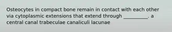 Osteocytes in compact bone remain in contact with each other via cytoplasmic extensions that extend through __________. a central canal trabeculae canaliculi lacunae