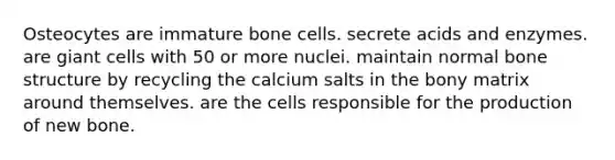 Osteocytes are immature bone cells. secrete acids and enzymes. are giant cells with 50 or more nuclei. maintain normal bone structure by recycling the calcium salts in the bony matrix around themselves. are the cells responsible for the production of new bone.