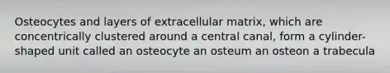 Osteocytes and layers of extracellular matrix, which are concentrically clustered around a central canal, form a cylinder-shaped unit called an osteocyte an osteum an osteon a trabecula