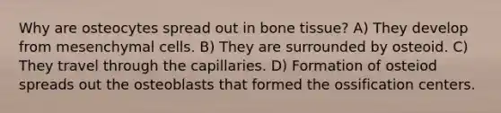 Why are osteocytes spread out in bone tissue? A) They develop from mesenchymal cells. B) They are surrounded by osteoid. C) They travel through the capillaries. D) Formation of osteiod spreads out the osteoblasts that formed the ossification centers.