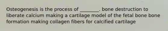 Osteogenesis is the process of ________. bone destruction to liberate calcium making a cartilage model of the fetal bone bone formation making collagen fibers for calcified cartilage