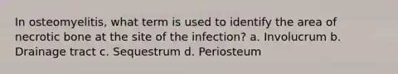 In osteomyelitis, what term is used to identify the area of necrotic bone at the site of the infection? a. Involucrum b. Drainage tract c. Sequestrum d. Periosteum