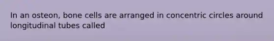 In an osteon, bone cells are arranged in <a href='https://www.questionai.com/knowledge/kyLzXa957r-concentric-circles' class='anchor-knowledge'>concentric circles</a> around longitudinal tubes called