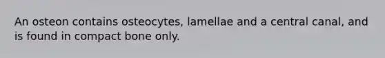 An osteon contains osteocytes, lamellae and a central canal, and is found in compact bone only.