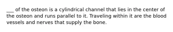 ___ of the osteon is a cylindrical channel that lies in the center of the osteon and runs parallel to it. Traveling within it are the blood vessels and nerves that supply the bone.