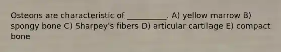 Osteons are characteristic of __________. A) yellow marrow B) spongy bone C) Sharpey's fibers D) articular cartilage E) compact bone