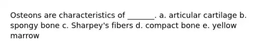 Osteons are characteristics of _______. a. articular cartilage b. spongy bone c. Sharpey's fibers d. compact bone e. yellow marrow