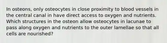 In osteons, only osteocytes in close proximity to <a href='https://www.questionai.com/knowledge/kZJ3mNKN7P-blood-vessels' class='anchor-knowledge'>blood vessels</a> in the central canal in have direct access to oxygen and nutrients. Which structures in the osteon allow osteocytes in lacunae to pass along oxygen and nutrients to the outer lamellae so that all cells are nourished?