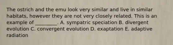 The ostrich and the emu look very similar and live in similar habitats, however they are not very closely related. This is an example of _________. A. sympatric speciation B. divergent evolution C. convergent evolution D. exaptation E. adaptive radiation