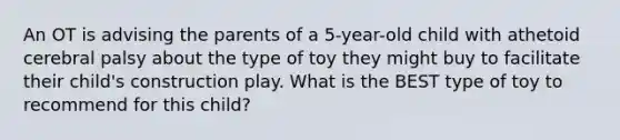 An OT is advising the parents of a 5-year-old child with athetoid cerebral palsy about the type of toy they might buy to facilitate their child's construction play. What is the BEST type of toy to recommend for this child?