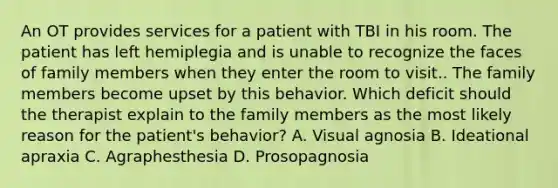 An OT provides services for a patient with TBI in his room. The patient has left hemiplegia and is unable to recognize the faces of family members when they enter the room to visit.. The family members become upset by this behavior. Which deficit should the therapist explain to the family members as the most likely reason for the patient's behavior? A. Visual agnosia B. Ideational apraxia C. Agraphesthesia D. Prosopagnosia