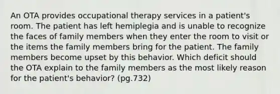 An OTA provides occupational therapy services in a patient's room. The patient has left hemiplegia and is unable to recognize the faces of family members when they enter the room to visit or the items the family members bring for the patient. The family members become upset by this behavior. Which deficit should the OTA explain to the family members as the most likely reason for the patient's behavior? (pg.732)