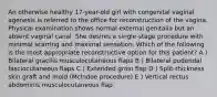 An otherwise healthy 17-year-old girl with congenital vaginal agenesis is referred to the office for reconstruction of the vagina. Physical examination shows normal external genitalia but an absent vaginal canal. She desires a single-stage procedure with minimal scarring and maximal sensation. Which of the following is the most appropriate reconstructive option for this patient? A ) Bilateral gracilis musculocutaneous flaps B ) Bilateral pudendal fasciocutaneous flaps C ) Extended groin flap D ) Split-thickness skin graft and mold (McIndoe procedure) E ) Vertical rectus abdominis musculocutaneous flap