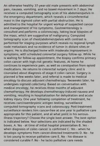 An otherwise healthy 37-year-old male presents with abdominal pain, nausea, vomiting, and no bowel movement in 7 days; He receives a computed tomography scan of his abdomen/pelvis in the emergency department, which reveals a circumferential mass in the sigmoid colon with partial obstruction. He is admitted to the hospital for urgent workup of suspected cancer and management of his symptoms. Gastroenterology is consulted and performs a colonoscopy, taking local biopsies of the mass, which are suggestive of malignancy. Computed tomography scan of chest/abdomen/pelvis with contrast is performed for staging purposes which reveals no regional lymph node metastasis and no evidence of tumor in distant sites or organs. He is discharged home with moderate improvement in symptoms, with scheduled colorectal surgery follow-up. While he is waiting for follow-up appointment, the biopsy confirms primary colon cancer with high-risk genetic features. At home he continues to experience pain, as well as constipation from opioid medications. He returns to colorectal surgery clinic and is counseled about diagnosis of stage II colon cancer. Surgery is planned a few weeks later, and referral is made to medical oncology to discuss adjuvant chemotherapy. Twoweeks later, he undergoes sigmoid colectomy. Based on conversation with medical oncology, he receives three months of adjuvant chemotherapy. He develops chemotherapy-induced nausea and vomiting, resulting in hospitalization for dehydration and acute kidney injury. One year following completion of treatment, he receives carcinoembryonic antigen testing, surveillance computed tomography scans and colonoscopy. Post-treatment surveillance renders him cancer-free at one year Is palliative care appropriate for this patient, and at what point in his serious-illness trajectory? Choose the single best answer. The best option is indicated below. Your selections are indicated by the shaded boxes. A. Yes - at time of initial hospital presentation B. Yes - when diagnosis of colon cancer is confirmed C. Yes - when he develops symptoms from cancer-directed treatments D. No - he is too young to receive palliative care E. No - his disease is considered curable F. No - he lacks palliative care needs