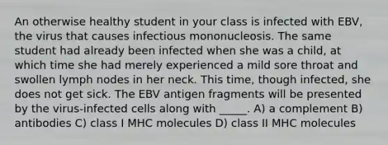 An otherwise healthy student in your class is infected with EBV, the virus that causes infectious mononucleosis. The same student had already been infected when she was a child, at which time she had merely experienced a mild sore throat and swollen lymph nodes in her neck. This time, though infected, she does not get sick. The EBV antigen fragments will be presented by the virus-infected cells along with _____. A) a complement B) antibodies C) class I MHC molecules D) class II MHC molecules